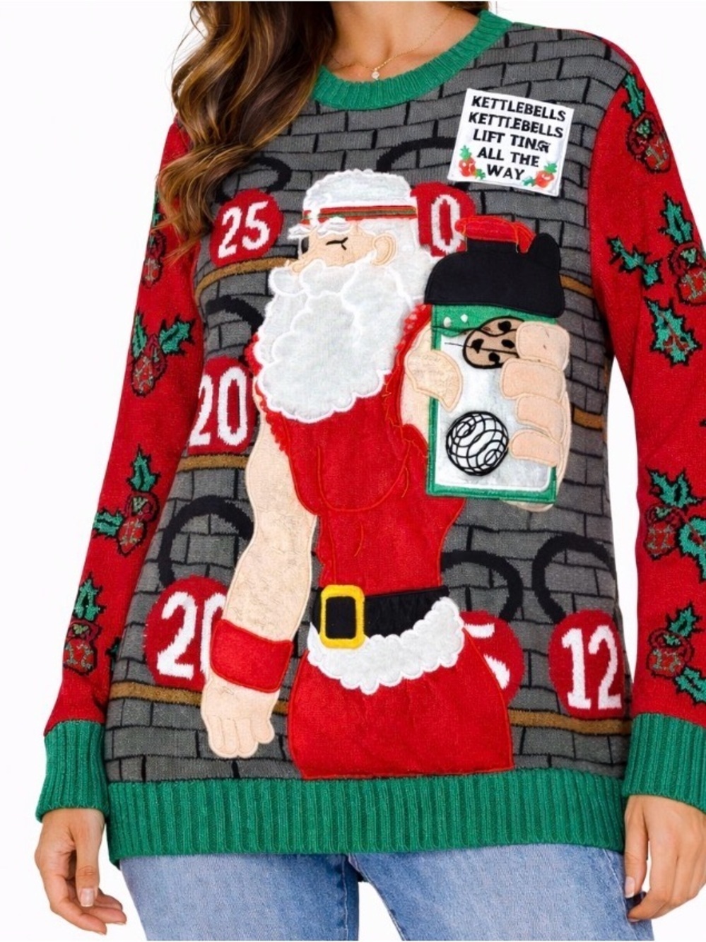 Sweater Unisex Ugly Christmas Holiday Workout Kettlebell Buff Santa workout SM